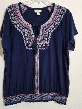 Style & Co. Navy Short-Sleeve Embroidered Tassel Tie Top